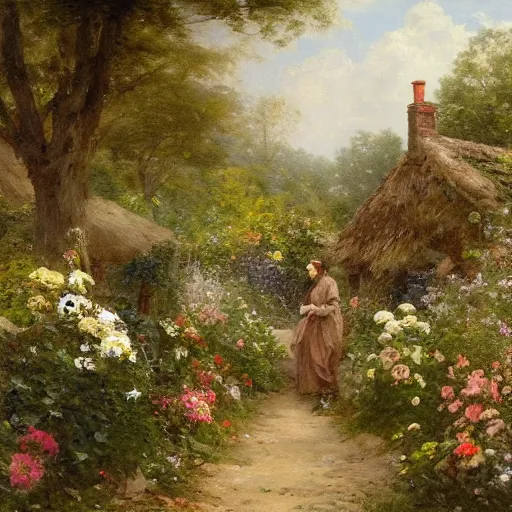 Image similar to jean-Baptiste Monge and Solomon Joseph Solomon and Richard Schmid and Jeremy Lipking victorian genre painting portrait painting of an english country cottage with a stone path and flower garden