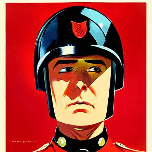 Image similar to a retrofuturistic security officer wearing black helmet and red uniform, vintage, retrofuturism, art by marc davis, marc davis artwork, poster