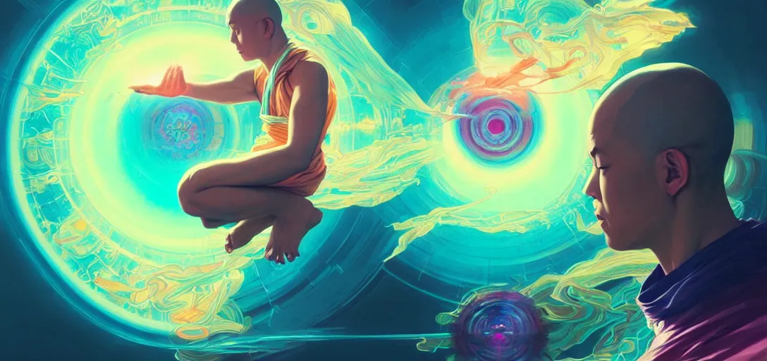 Image similar to a floating monk meditating, channeling swirling energy, wearing netrunner clothing, vaporwave aesthetic, colorful, psychedelic, digital painting, artstation, concept art, smooth, sharp focus, illustration, art by artgerm and greg rutkowski and alphonse mucha