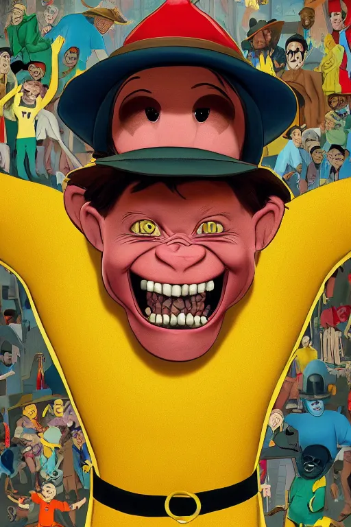 Image similar to the man in the yellow hat in curious george, full body, big two toned eyes, teeth gritted, horror, intricate details, cinematic, epic, realistic, anatomy, tomer hanuka, uplight, artstation, photorealistic, scary