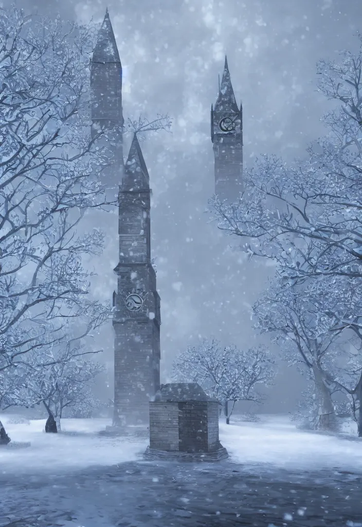 Image similar to arusha's clock tower covered in snow fantasy, trending on artstation, digital art.