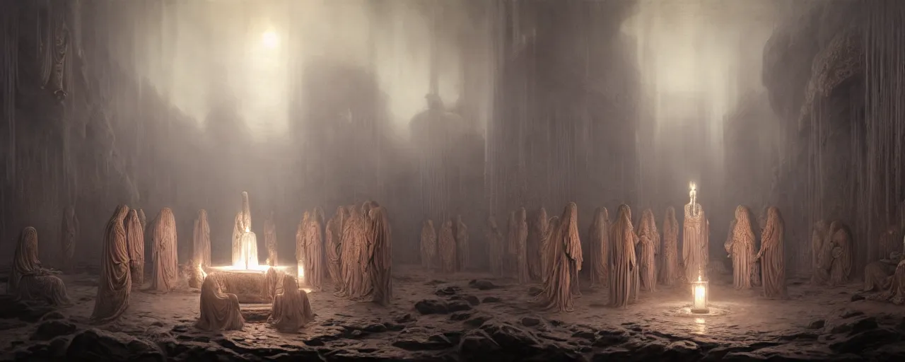 Prompt: A painting of priestesses worshipping at the jellyfish temple, shrouded in mist, jellyfish god, 8K, illustration, by Gustave Dore and Greg Rutkowski, smoke, cinematic, insanely detailed and intricate, hypermaximalist, elegant, super detailed, award-winning, mauve and cyan, mysterious, ancient, ritual, ethereal, trending in cgsociety, artstation HQ, ornate, elite, haunting, matte painting