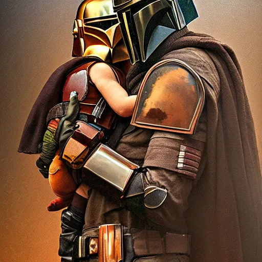 Image similar to the mandalorian and baby grogu, a renaissance oil painting, sharp focus, high contrast studio lighting