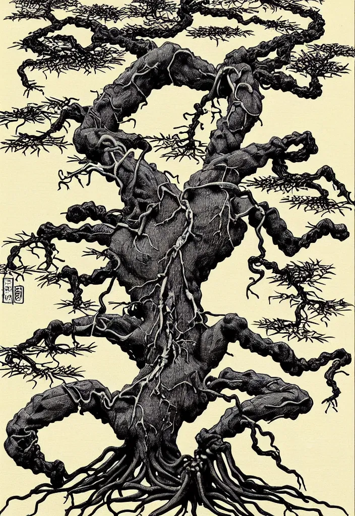 Image similar to prompt: anatomy dissection drawing skeleton Bonsai tree drawn by Takato Yamamoto, bonsai skeleton anatomy atlas, veins and organs attached to tree roots, alchemical objects inspired by 1980's sci-ci, old experimentation cabinet, intricate oil painting detail, manga 1980