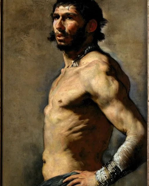 Prompt: a portrait of Sergio Ramos as a Gladiator from Rome, art by Eugene Delacroix and Rembrandt, highly detailed, trending on wikiart