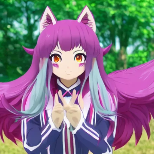 Prompt: ahri the nine - tailed fox from uma musume, official film still, art