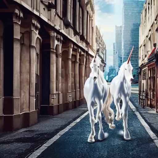 Image similar to two white unicorns riding bikes in city street, photoreal