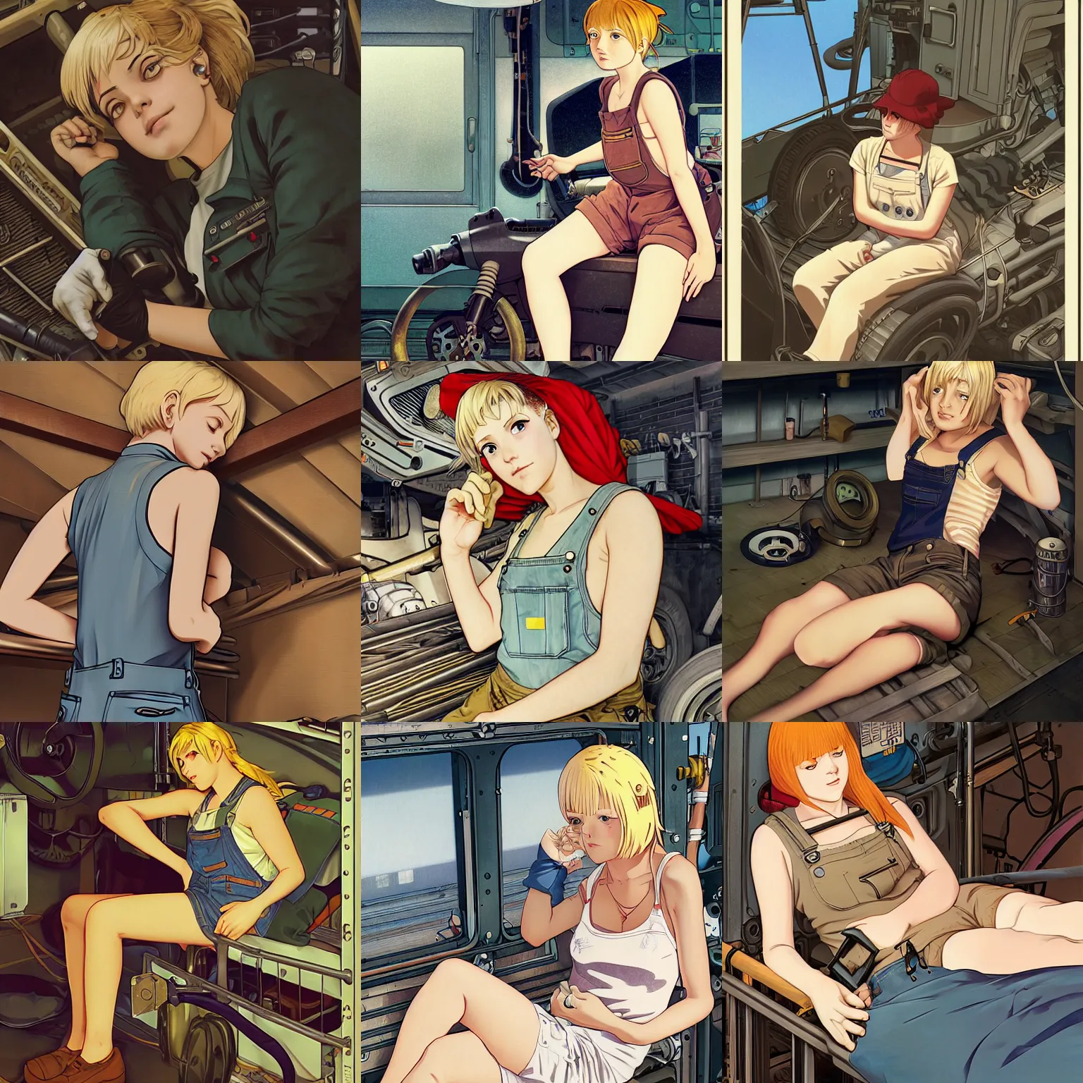 Prompt: portrait of a mechanic resting in her cramped bunk, blonde, tank top, overalls, steampunk, face illustrated by ilya kuvshinov, highly detailed, cel shading, digital painting, anime key visual, body and background by hayao miyazaki and alphonse mucha