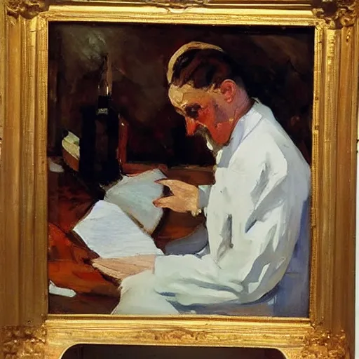 Image similar to sorolla's painting of the chemist at a bench