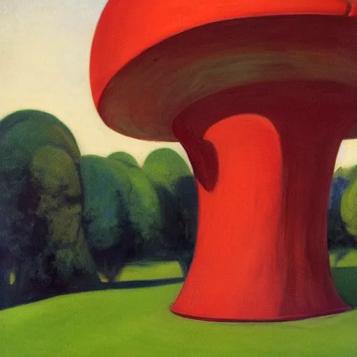 Image similar to Children bouncing high on a giant red mushroom in a mystical forest, painting by Edward Hopper