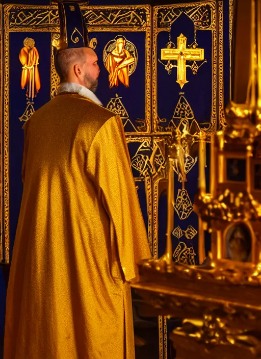 Prompt: orthodox priest in golden clothes with cute caracal head, wearing vr, in orthodox church, orthodox icons, volumetric lighting, night, darkness, atmospheric, ambients, dramatic, noir, blur, bokeh, cinematic, depth of field, 8 0 mm, f 1. 8