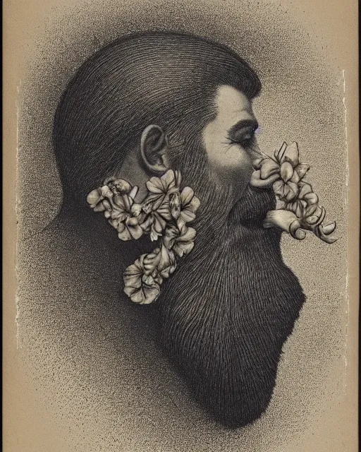 Image similar to a man's face in profile, long beard, flowers and fruit coming out of his mouth, in the style of the Dutch masters and Gregory Crewdson, dark and moody