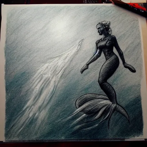 Prompt: old drawing of a scuba diver swimming with a beautiful mermaid underwater, under water scenery, dramatic lighting, intense, epic, hyperrealistic drawing, greg rutzowitzky, artstation