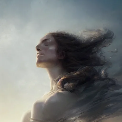 Image similar to a beautiful portrait of a wind goddess fading into the clouds by Greg Rutkowski and Raymond Swanland, Trending on Artstation, ultra realistic digital art