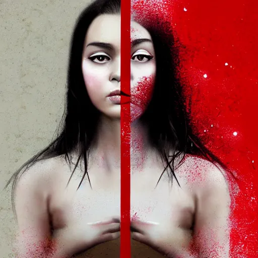 Image similar to masterpiece dynamic portrait of an aesthetic beautiful realistic black haired woman protesting, 3 0 years old woman, mid long hair, black eyed, small red peace symbol on the face, digital painting by wlop, atmospheric red effects, sparkles, artstation, deviantart, large view, red color scheme, revolution, motion blur, dark background