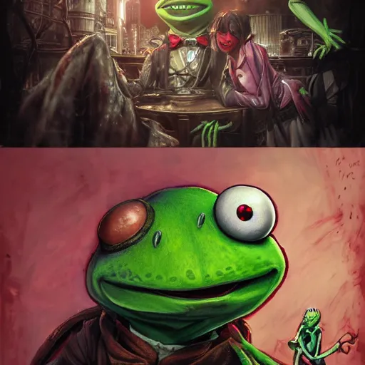 Image similar to High resolution DSLR photograph of Kermit The Frog as a vampire covered in blood Anime Bioshock steampunk realistic shaded lighting by katsuhiro otomo ghost-in-the-shell, magali villeneuve, artgerm, rutkowski Jeremy Lipkin and Giuseppe Dangelico Pino and Michael Garmash and Rob Rey