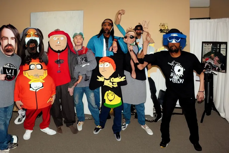 Image similar to crab people south park hyper-realistic photo meeting snoop dogg and eminem