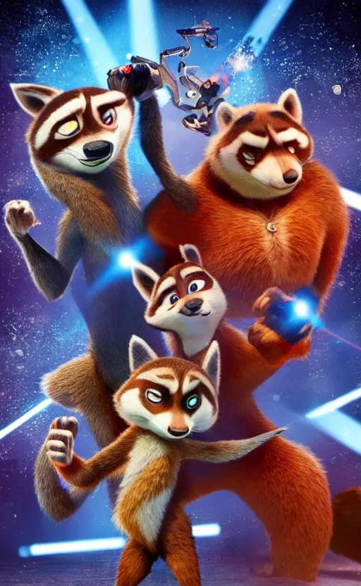 Image similar to “red racoon holding laser gun standing face to face off with blue racoon holding laser gun, boxing style face off, cinematic, dramatic in the style of zootopia”