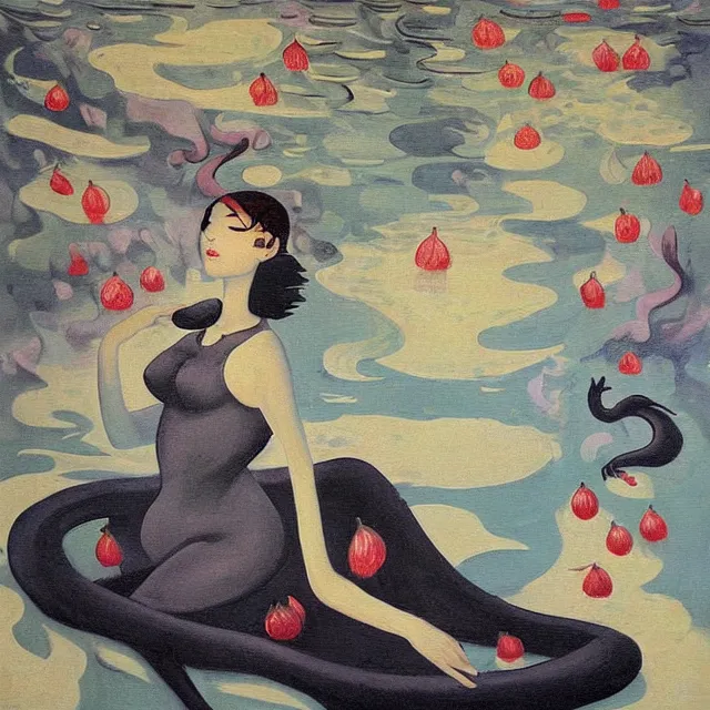 Image similar to tall female catgirl artist holding sheet music in her flooded apartment, pomegranates, octopus, water gushing from ceiling, painting of flood waters inside an artist's apartment, a river flooding indoors, mushrooms, ikebana, zen, rapids, waterfall, black swans, canoe, berries, acrylic on canvas, surrealist, by magritte and monet