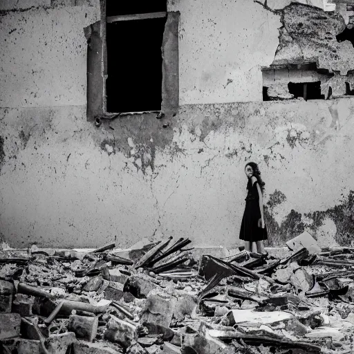 Prompt: black and white photo of lonely young lady in the ruins of redevelopment area