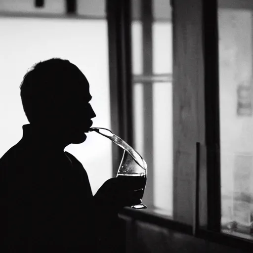 Prompt: Silhouette of a man sipping a drink in a smoky bar