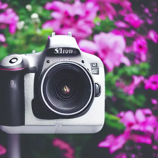 Prompt: photo of a dslr camera surrounded by flowers
