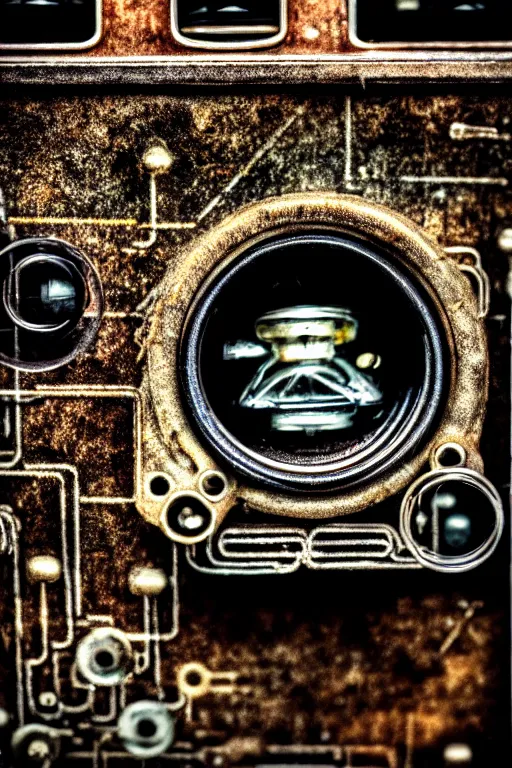 Image similar to A photo of a very old opened camera with film, vacuum tubes, capacitors and coils inside by Richard Kuiper and Steve McCurry, grungy, weathered Ultra detailed, hyper realistic, 4k