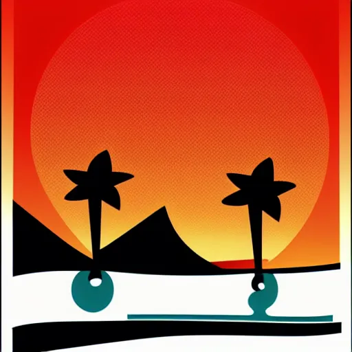 Image similar to a retro vector based illustration about a sunset on the ocean by Mike magnolia, negative space is allowed, black ink on white background, smooth curves