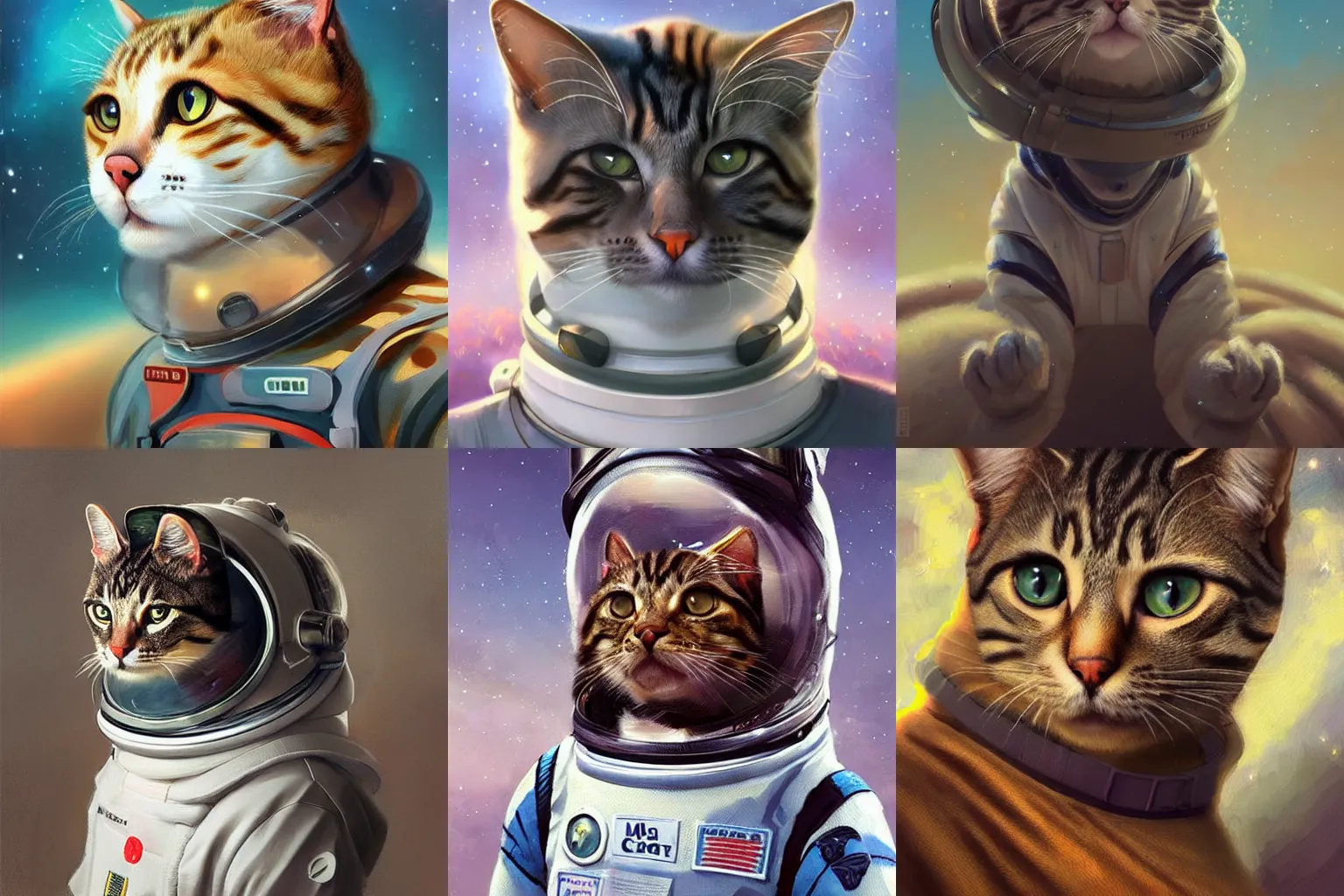 Image similar to head and shoulders masterpiece portrait of a cat wearing a spacesuit, surreal background, digital art by Krenz Cushart, trending on artstation, cgsociety,