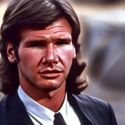 Prompt: young harrison ford with long hair in a james bond movie