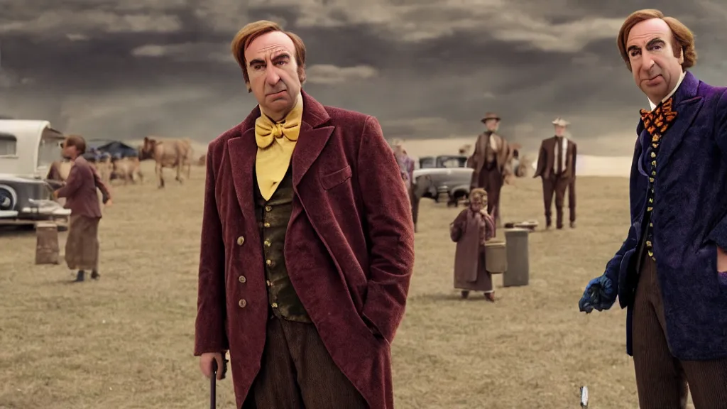 Image similar to saul goodman as Willy Wonka, film still from the movie directed by Denis Villeneuve with art direction by Salvador Dalí, wide lens