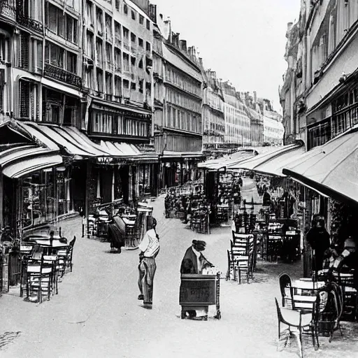 Prompt: une rue de paris vide avec des voitures garees, un restaurant avec une terrasse, des boutiques avec des neons, en debut de matinee en 1 8 8 5