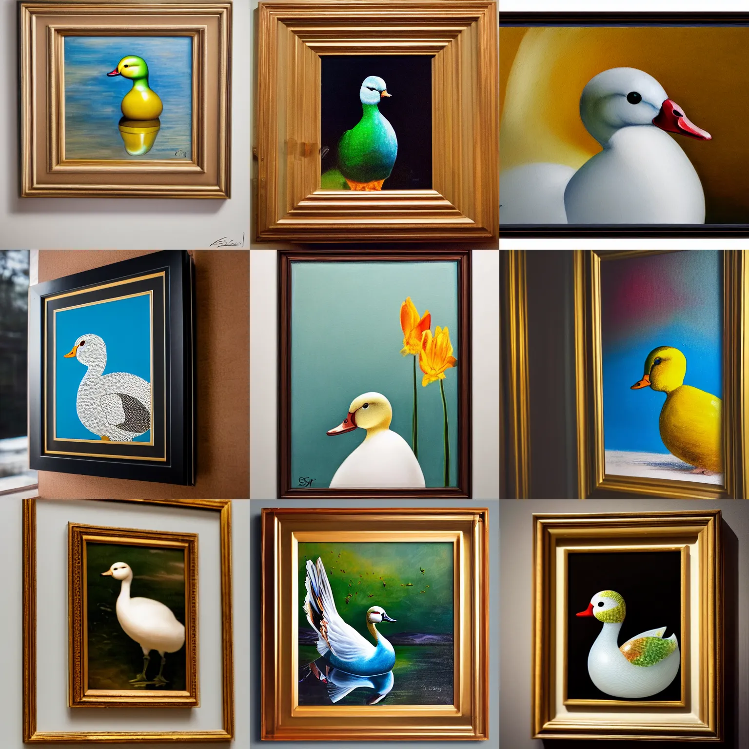 Prompt: a close up photo of a framed painting, a clear glass duck in front of the painting, professional photography, sigma 8 5 mm f / 8
