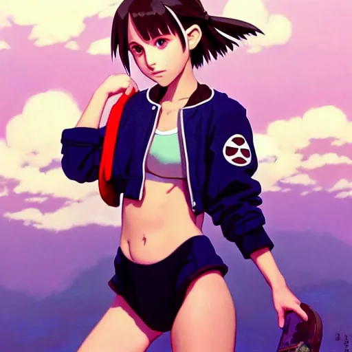 Image similar to beautiful boyish natalie portman gravure model in majora's mask, wearing big mayan bomber jacket with overalls and leotard, big bomber jacket with subtle mayan patterns, aztec bathing suit, gapmoe yandere grimdark, trending on pixiv fanbox, painted by greg rutkowski makoto shinkai takashi takeuchi studio ghibli, akihiko yoshida