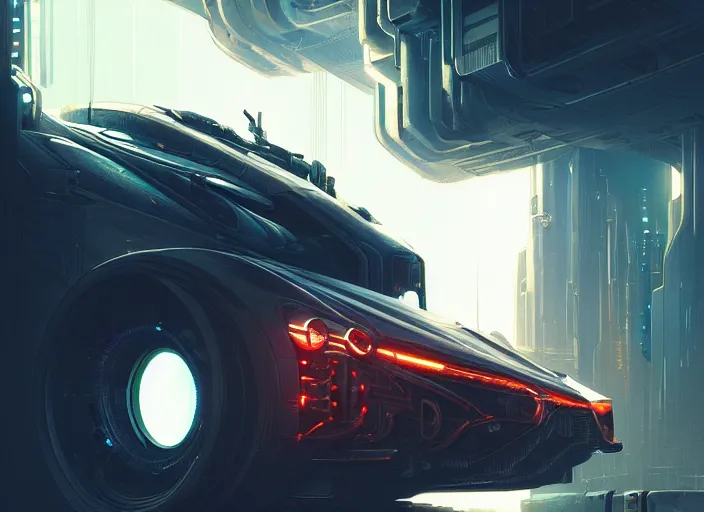 Image similar to detailed intricate digital illustration by greg rutkowski and artgerm and wlop and sanford robinson gifford ; cyberpunk futuristic vehicle, glowing headlights ; 1 3 mm film, wide angle arri alfa anamorphic lens ; sharp focus, soft evening lighting, trending on artstation 4 k