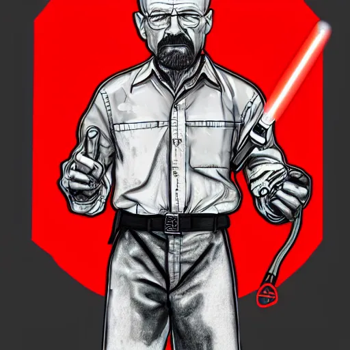 Prompt: Walter White holding a red light saber, accurate anatomy, accurate hands, highly detailed, digital art, portrait,