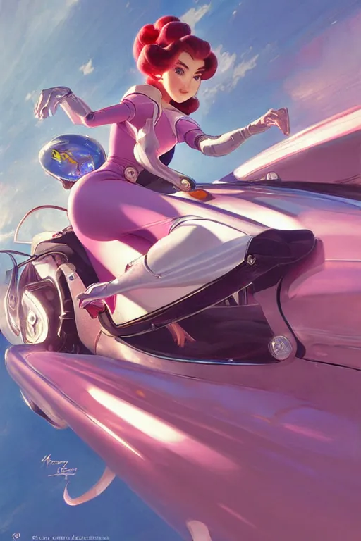 Image similar to racer princess peach style of speed racer, dynamic pose, retro anime, intricate, futuristic, fantasy, elegant, by Stanley Artgerm Lau, Margaret Keane, greg rutkowski, thomas kindkade, alphonse mucha, loish, norman Rockwell,