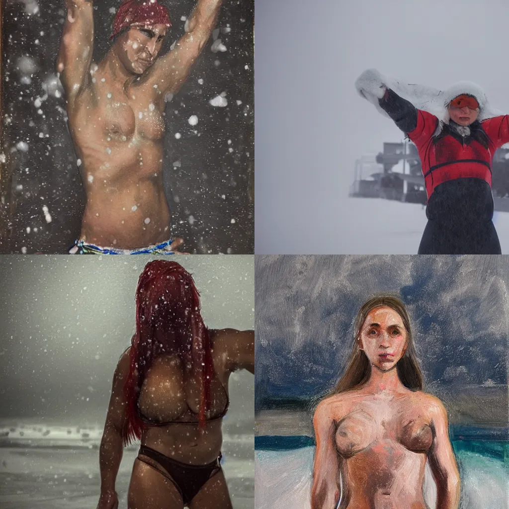 Prompt: portrait of an beautiful muscular woman wearing a swimwear holding his arms around himself in the arctic during a snowstorm by evgenia arbugaeva, cold colours