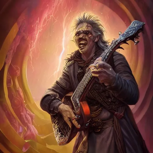 Prompt: detailed photo of a Half-orc bard portrayed by Gary Busey playing a lute to cast a spell, 8k,by Tristan Eaton, Stanley Artgermm, Tom Bagshaw, Greg Rutkowski, Carne Griffiths, trending on DeviantArt, face enhance, hyper detailed ,full of color, dramatic lightning, epic stance
