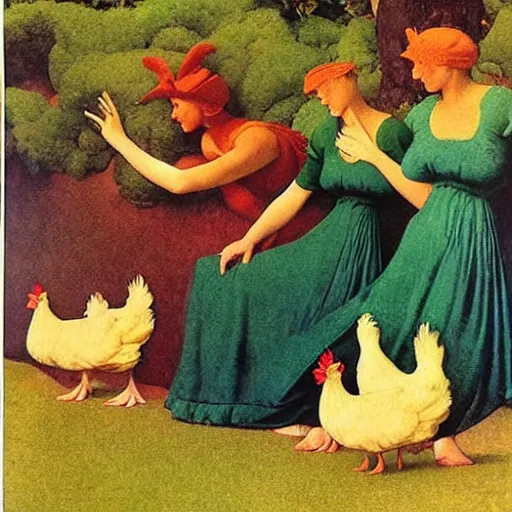 Image similar to seven chickens in dresses, maxfield Parrish