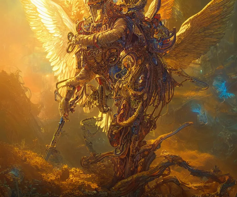 Image similar to a beautiful tarot card artwork of a cyberpunk seraphim in nature, backlit, highly detailed, golden hour, digital painting, by ina wong and justin gerard and dan mumford and artgerm, vivid colors, masterpiece, detailed shading, 8 k resolution, intricate, smooth