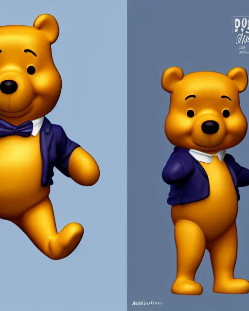 Image similar to full body 3d render of winnie-the-pooh as a funko pop, wearing a suit, studio lighting, white background, blender, trending on artstation, 8k, highly detailed