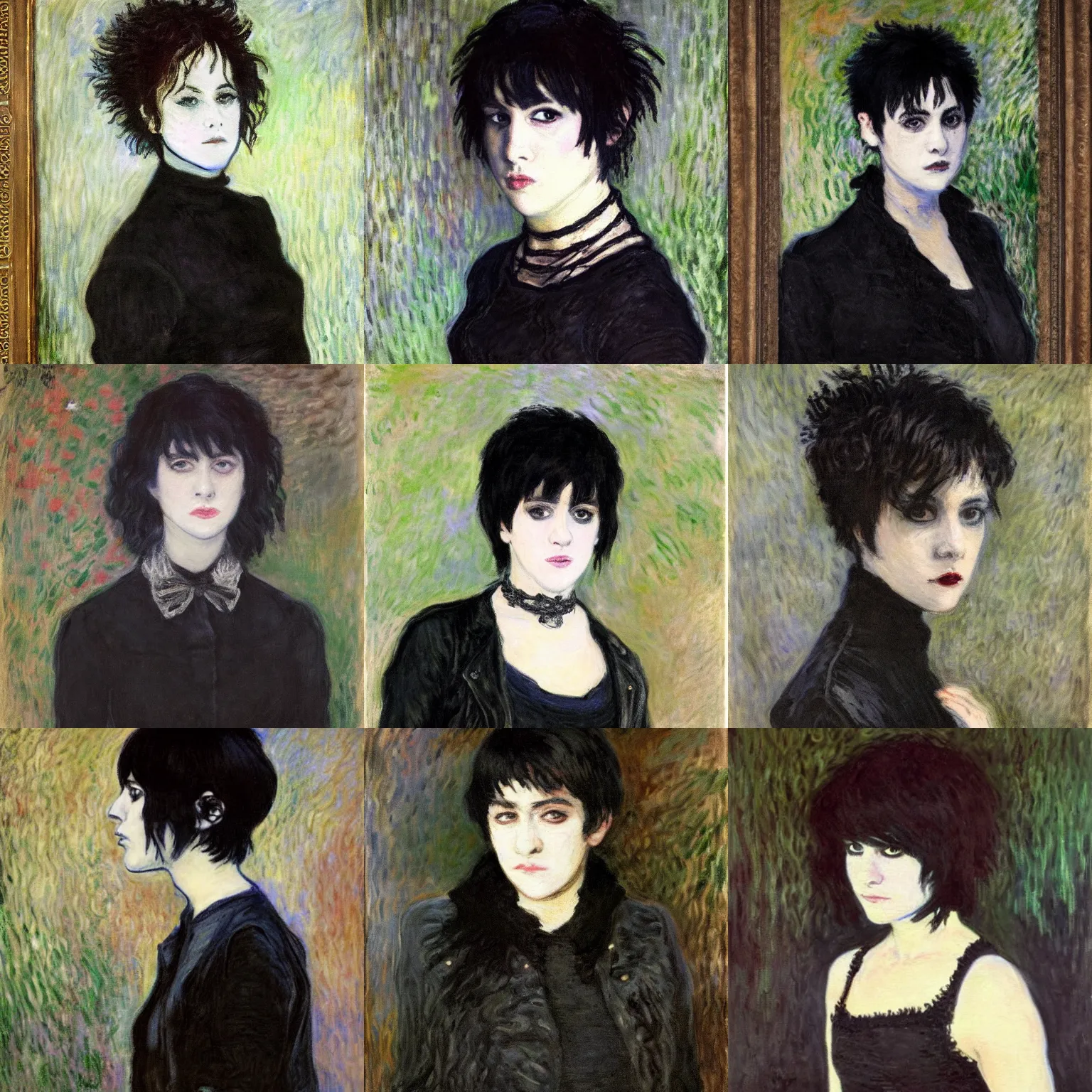 Prompt: an emo portrait painted by claude monet. her hair is dark brown and cut into a short, messy pixie cut. she has large entirely - black evil eyes. she is wearing a black tank top, a black leather jacket, a black knee - length skirt, a black choker, and black leather boots.