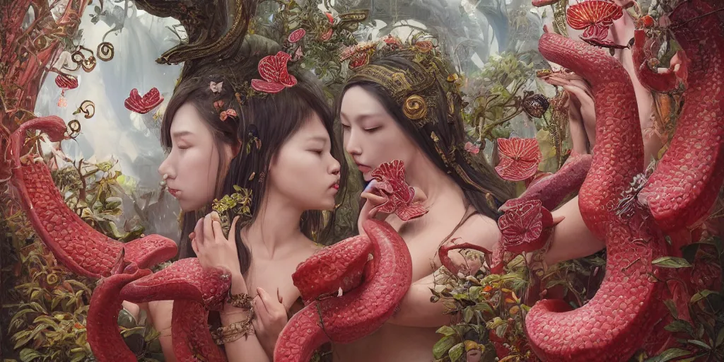 Image similar to breathtaking detailed concept art painting of kissing goddesses of rafflesia arnoldii flowers, orthodox saint, with anxious, piercing eyes, ornate background, amalgamation of leaves and flowers, by Hsiao-Ron Cheng, James jean, Miho Hirano, Hayao Miyazaki, extremely moody lighting, 8K