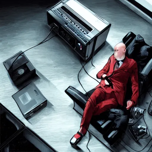 Prompt: agent 4 7 lying down listening to music in front of large stereo speakers surrounded by cables, black background, red rim light, highly detailed, smooth, sharp focus, art by cedric peyravernay