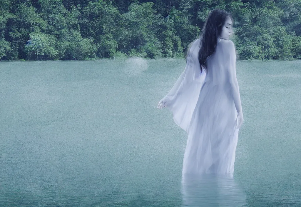 Image similar to digital art of a female figure walking in the middle of a lake wearing ethereal white clothing. lush nature. blue tint.