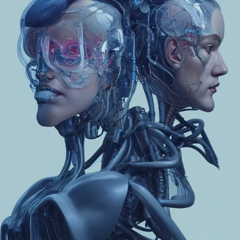 Prompt: 2 0 7 7 prototype exoskeleton portrait with ribbed jshzh face by rutkowsky and charles vess and james jean and erik jones and rhads, inspired by ghost in the shell, 3 d octane render, beautiful fine face features, intricate high details, sharp, ultradetailed, artistic photography