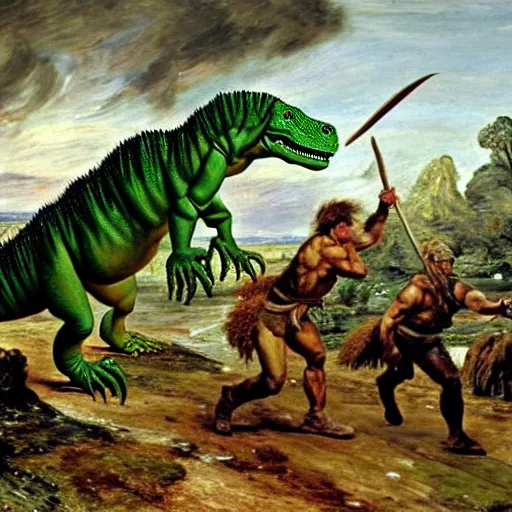 Image similar to A green scaly dinosaur!!! fighting with several realistic detailed cavemen with proportioned bodies armed with spears, the cavemen are wearing animal furs, coarse canvas, visible brushstrokes, intricate, extremely detailed painting by John Constable