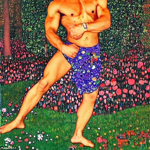 Image similar to a masterpiece full body portrait of jean Claude van Damme doing martial arts in an enchanted mushroom forest, by gustav klimt and nobuyoshi araki and Salvador dali and Leonardo da Vinci