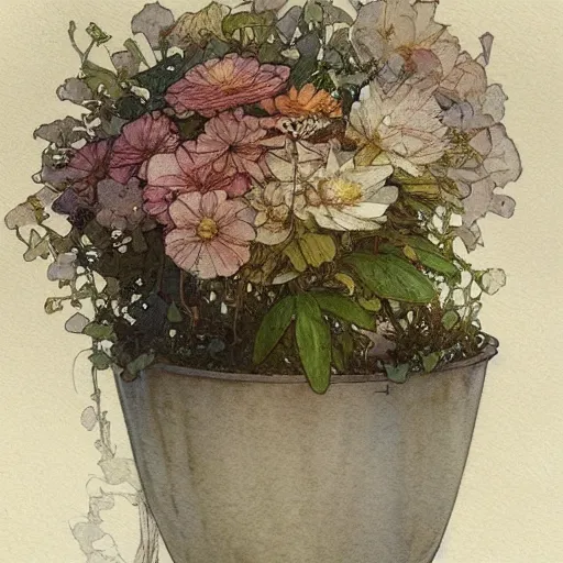 Image similar to a beautifull intricate watercolor painting of potted planter with flowers inside sitting on wet sidewalk, reflexions, high details by william turner art, greg rutkowski and alphonse mucha, trending on artstation, very very detailed, masterpiece,
